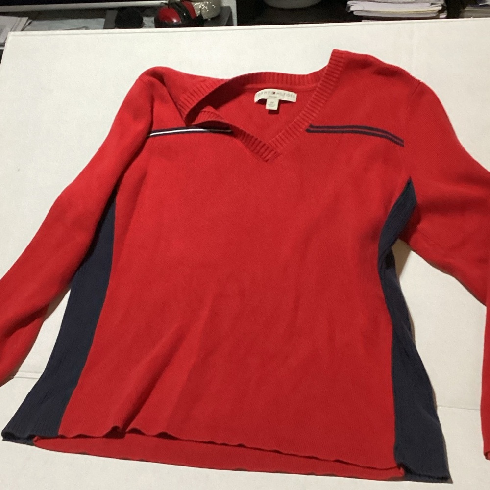 Tommy Hilfiger Red and Blue V-Neck Sweater